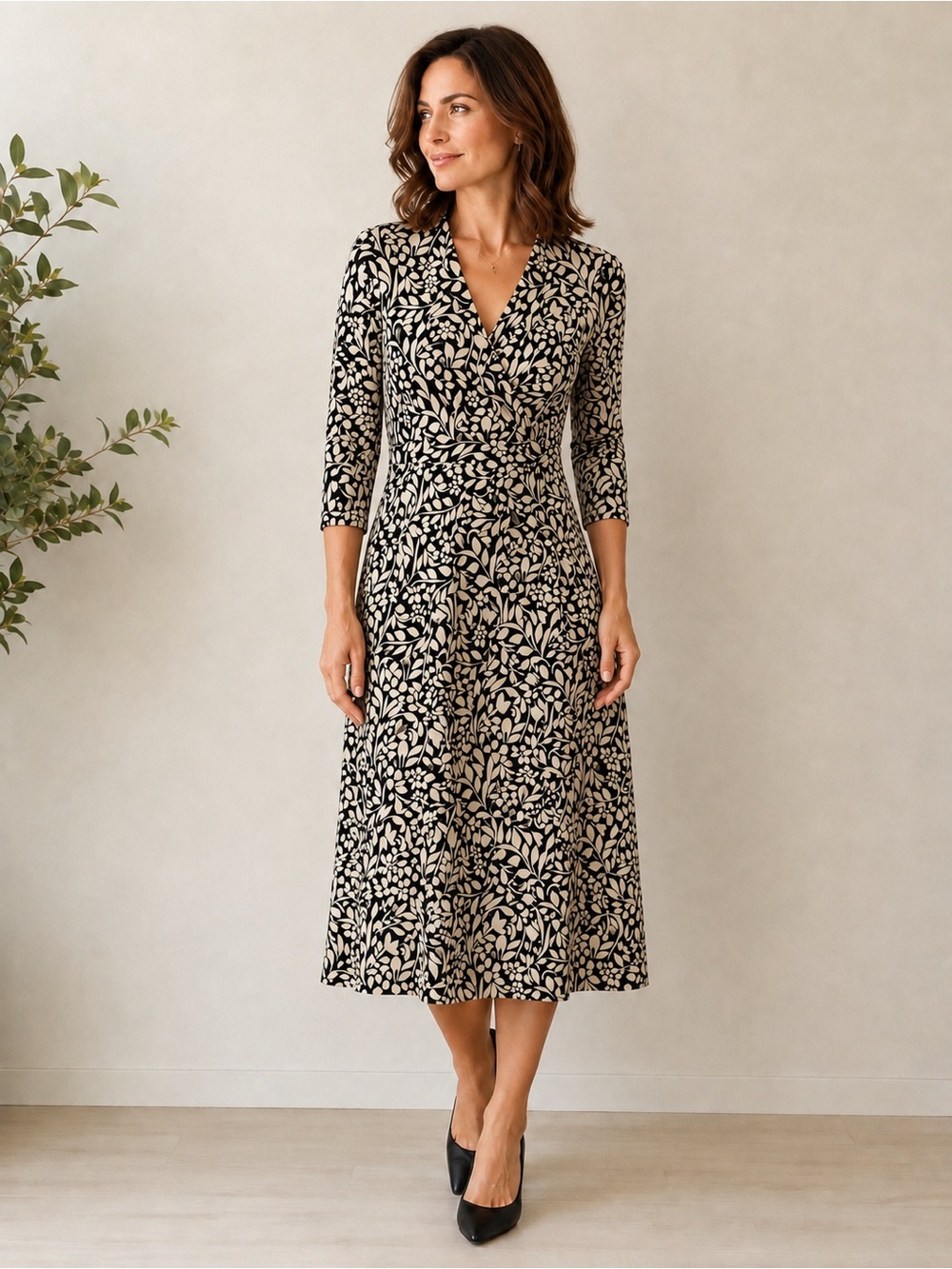 Sigrid Olsen Faux Wrap Midi Dress Black Cream Floral Rayon Jersey SIZE MEDIUM